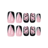 VIBEFICANT Elegant Black Glitter French Tip Rhinestone  Medium Square Press On Nails